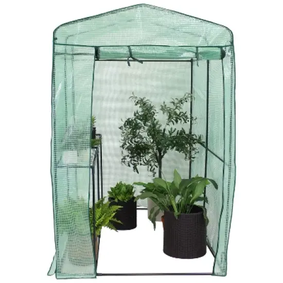 Sunnydaze Outdoor Portable Growing Rack Petite Deluxe Mini Walk-In Greenhouse with Roll-Up Door - 1 Shelf - Green image {1}