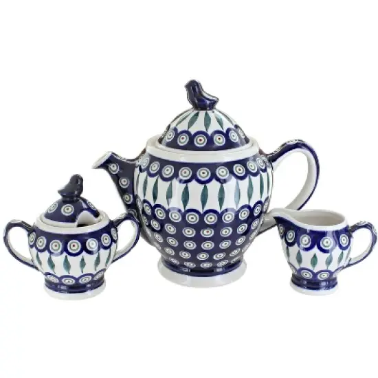 Blue Rose Polish Pottery 1230 Zaklady 3 PC Coffee Pot Set with Bird Topper image {3}