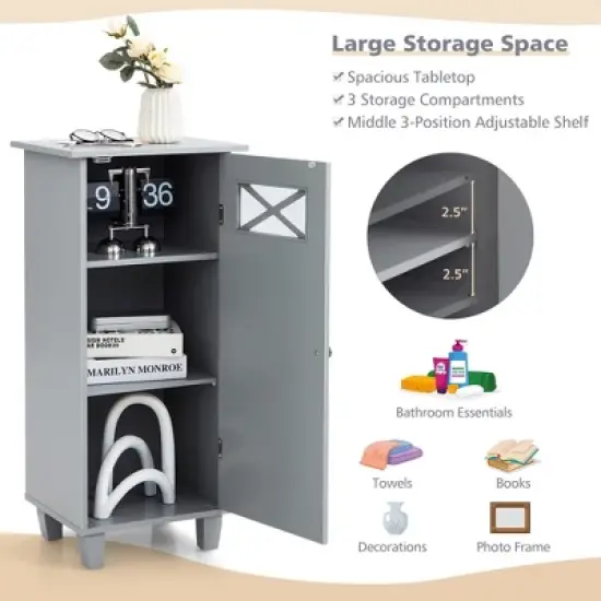 Tangkula Bathroom Cabinet Free Standing Storage Side Table Organizer Adjustable Grey image {4}