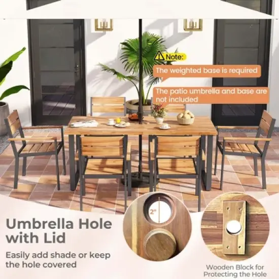 Costway 7 PCS Acacia Wood Patio Dining Set 6 Armchairs and 69" Table with 2" Umbrella Hole image {6}