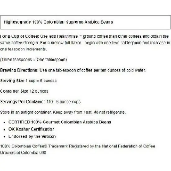 Healthwise Gourmet Coffee 100% Colombian Gourmet Supremo Coffee - Low Acid. image {1}