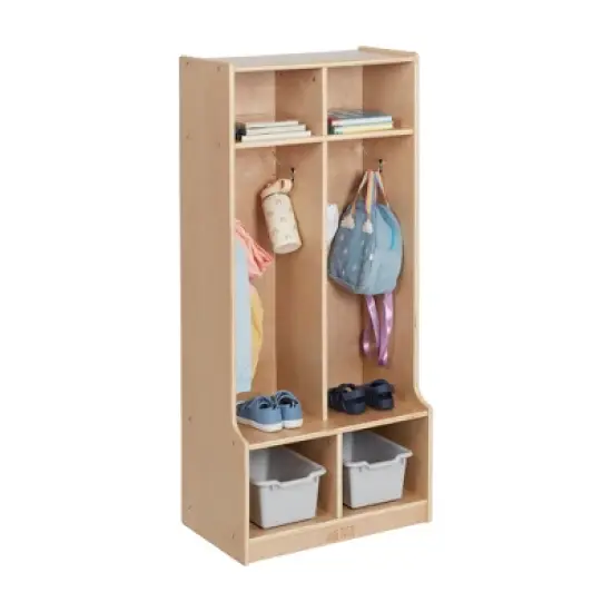 ECR4Kids 2-Section Coat Locker with Bench, Classroom Furniture, Natural image {2}