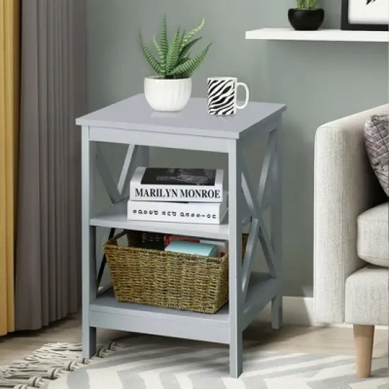 Costway 3-Tier Nightstand End Table X Design Storage Display Shelf Living Room Grey image {3}