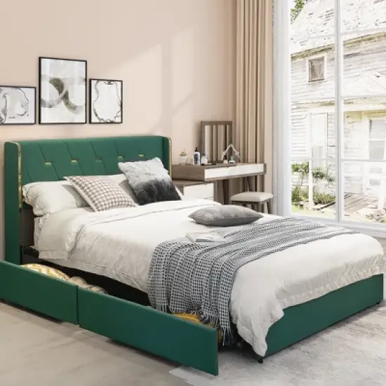 Costway Full/Queen Upholstered Bed Frame with 4 Storage Drawers Headboard image {3}