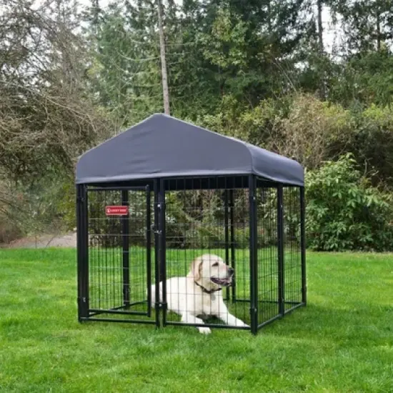 Lucky Dog STAY Series Black Powder Coat Steel Frame Villa Dog Kennel with Waterproof Canopy Roof and Single Gate Door image {1}