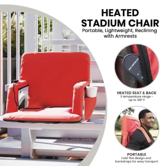 Emma and Oliver Portable Heated Reclining Stadium Chair with Armrests, Heated Padded Back & Heated Seat with Dual Storage Pockets and Backpack Straps image {8}