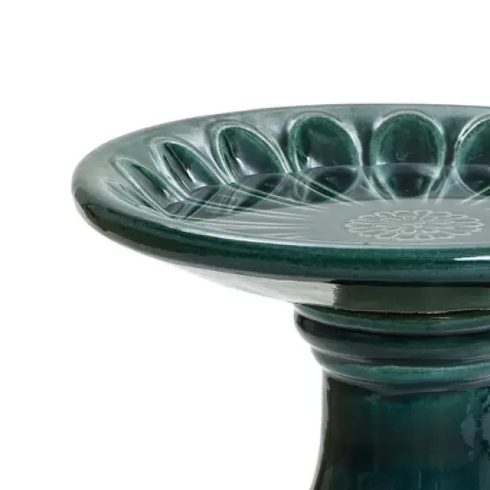 LuxenHome 22" Elegant Tall Ceramic Bird Bath for Outside with Floral Pattern, Dark Green image {4}