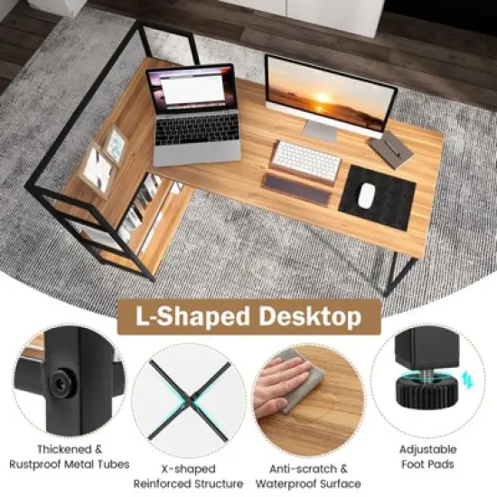 Tangkula 59" L-Shaped Computer Desk Large Reversible Corner Desk w/ Storage Shelves Space-Saving Writing Table PC Laptop Gaming Desk Black + Walnut image {9}