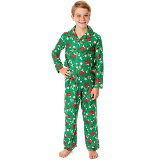 Peanuts Boys' Christmas Snoopy Charlie Brown Button Down Sleep Pajama Set Green image {3}