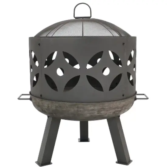 Sunnydaze Outdoor Camping or Backyard Cast Iron Retro Round Fire Pit Bowl with Handles and Spark Screen - 26" - Black image {4}