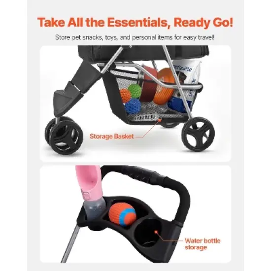 VEVOR Pet Stroller, 35 lbs Weight Capacity, Foldable Dog Stroller Cart, 3 Wheels Cats Stroller with Mesh Windows and Cup Holders, Black image {6}