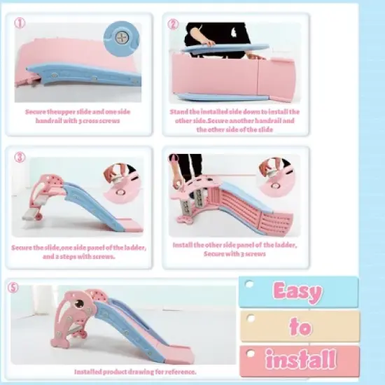 Sandinrayli 3 in 1 Toddler Slide, Baby Slide Climber Playset with Basketball Hoop and Ball, Indoor and Outdoor Playground for Kids Pink image {6}