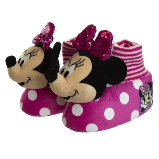 Disney Kids Girl's Minnie Mouse Slippers - Plush Lightweight Warm Comfort Soft Aline House Slippers &ndash; 3D Minnie glitter bow (size 5-12 Toddler/Little Kid) image {8}
