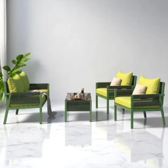 4-Piece Boho Patio Furniture Set with Handmade Rope Weave, Metal Frame, Tempered Glass Table, and Thick Cushions image {14}