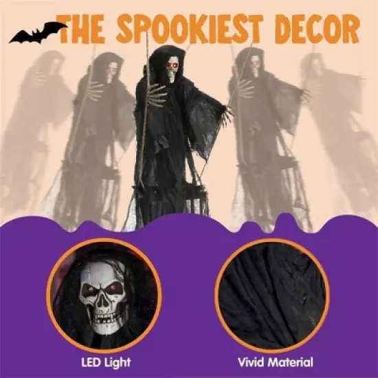 Joyfy 2 Packs 3ft Halloween Hanging Ghosts Outdoor Decor, Scary Grim Reaper Swinging Flying Skeleton with Lighted Up Eyes for Yard Patio Lawn Garden image {5}