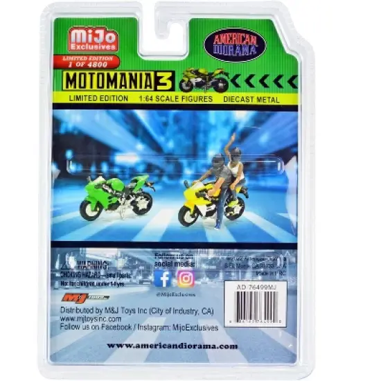 "Motomania 3" 4 piece Diecast Set (2 Figures and 2 Motorcycles) Limited Ed to 4800 pcs for 1/64 Scale Models by American Diorama image {1}