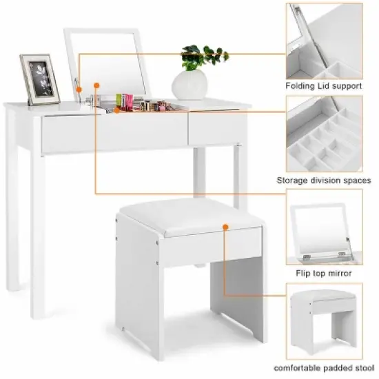 Costway White Vanity Dressing Table Furniture Stool Storage Box image {2}