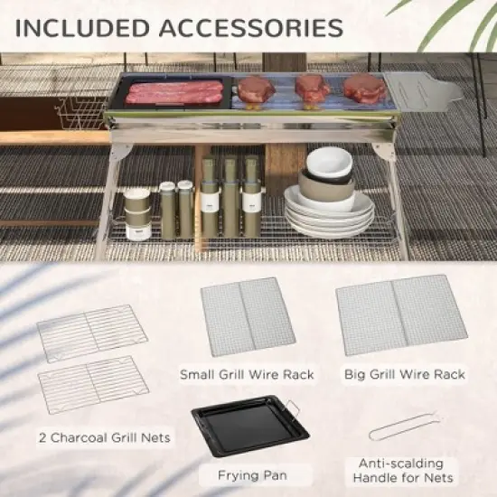 Kumasinova Stainless Steel Charcoal BBQ Grill,Portable Outdoor Hibachi with Shelves&Hooks,Foldable Grills with Handles for Camping&Picnic image {3}