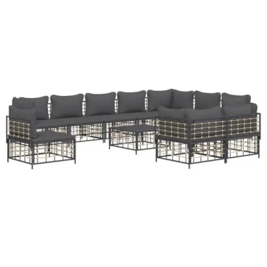 vidaXL 11-Piece Patio Lounge Set with Cushions - Anthracite Poly Rattan with Modular Design, Comfortable Padded Seats and Sturdy Tabletop image {2}