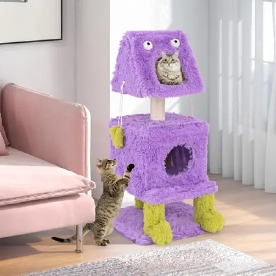 Tangkula Cat Tree Cute Monster-Themed Cat Tower w/ 2 Private Condos & Soft Long Plush image {1}