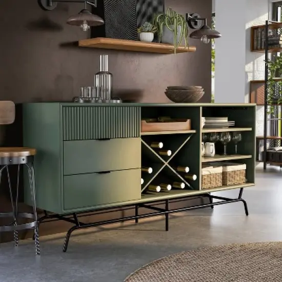 miBasics Heath 60" Modern Buffet with Wine Cabinet Sage Green: Freestanding Storage, 4 Shelves, 3 Drawers image {3}
