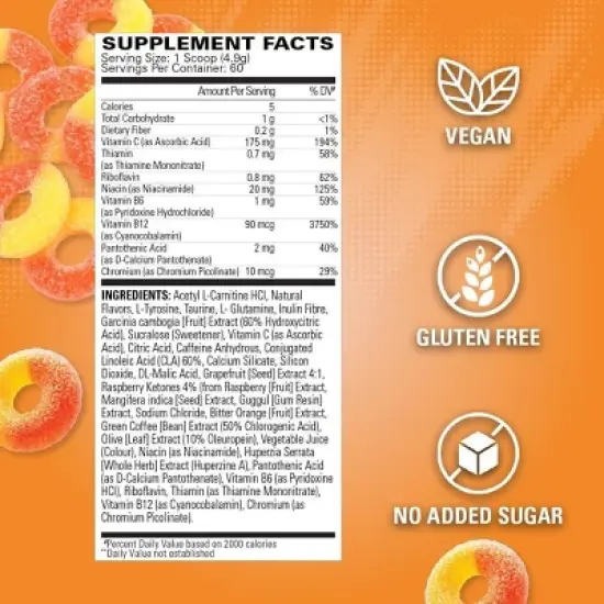 EHPlabs OxyShred Thermogenic Pre Workout & Fat Burner - Clinically Proven Preworkout Powder with Acetyl L Carnitine - Peach Candy Rings, 60 Servings image {1}