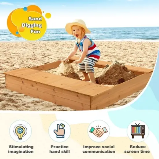 Costway Kids Wooden Sandbox w/ Bench Seats & Storage Boxes  Children Outdoor Playset image {4}