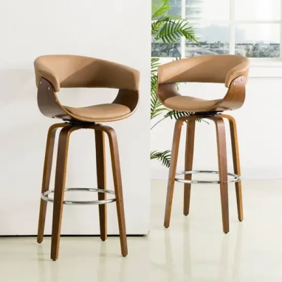 Set of 2 Mid-century Modern Walnut Bentwood Swivel Barstools - Glitzhome image {2}