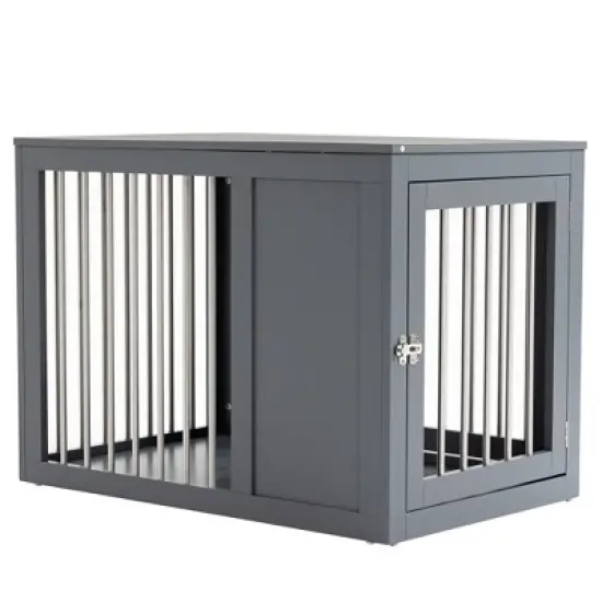 PawHut Wooden Dog Crate Furniture Wire Pet Cage Kennel, End Table with Double Doors, and Locks, for Medium and Large Dog House Indoor Use image {6}