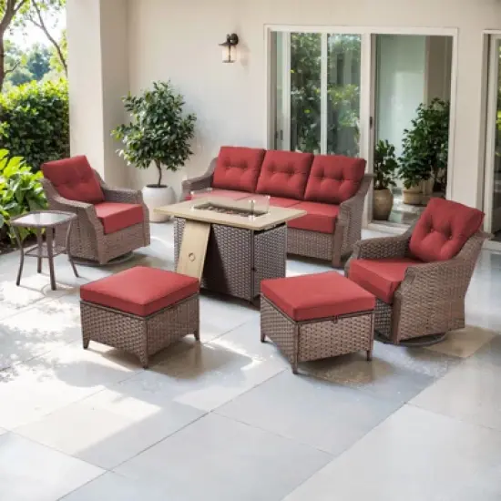 POCASSY 7 Piece 6 inch Thick Upholstered Cushion Patio Furniture Set with Fire Pit Table, All Weather Brown Wicker Outdoor Conversation Set for Deck image {18}