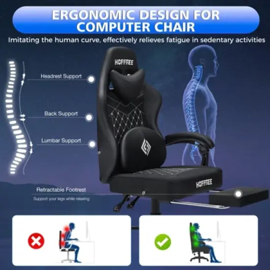 Hoffree Leather Massage Gaming Chair Ergonomic Office PC Chair with Bluetooth Speaker & Footrest image {5}