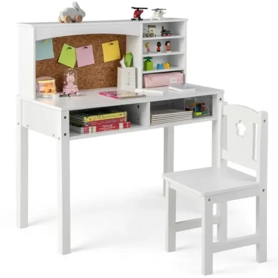 Costway Kids Desk and Chair Set Study Writing Workstation with Hutch & Bulletin Board image {11}