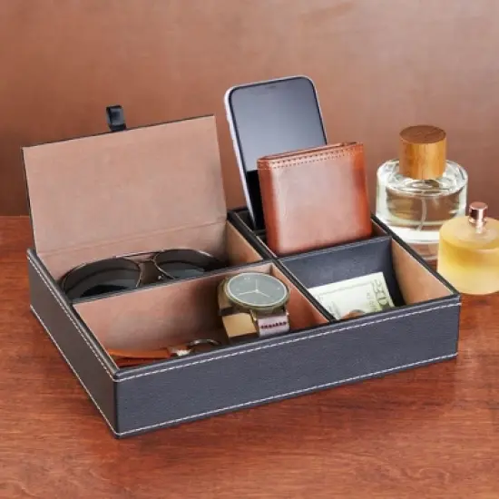 5 Compartment Faux Leather Valet Catchall Tray Organizer for Wallet, Keys, Phone - 10 x 7.3 x 2 in image {1}