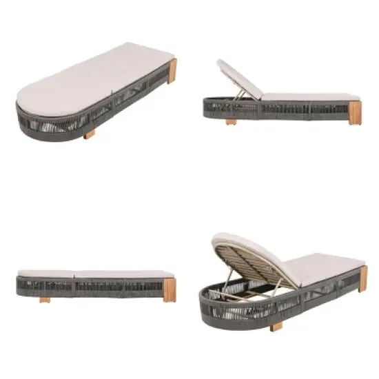 Set of 4 Outdoor Acacia Wood Chaise Lounge with Adjustable Backrest, Rope Accent Pool Lounge Chair, Waterproof Cushion Garden Lounger-Coolbibila image {5}