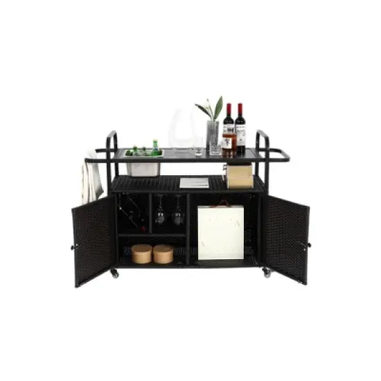 Anybear Patio Bar Table, Wicker Bar Cart with Cabinet, one ice bucket,Lockable Wheels, Side Basket for Garden, Poolside & Backyard, Black image {4}