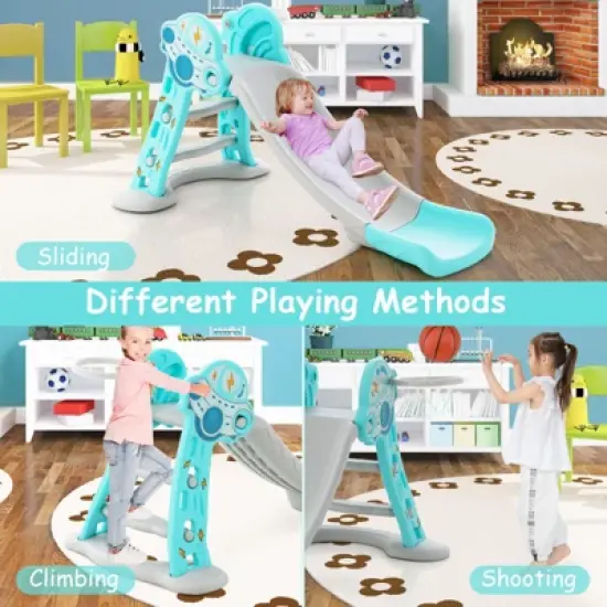 Costway 3-in-1 Kids Indoor Slide with Basketball Hoop & Basketball, Safe Buffer Zone Blue/Pink image {5}