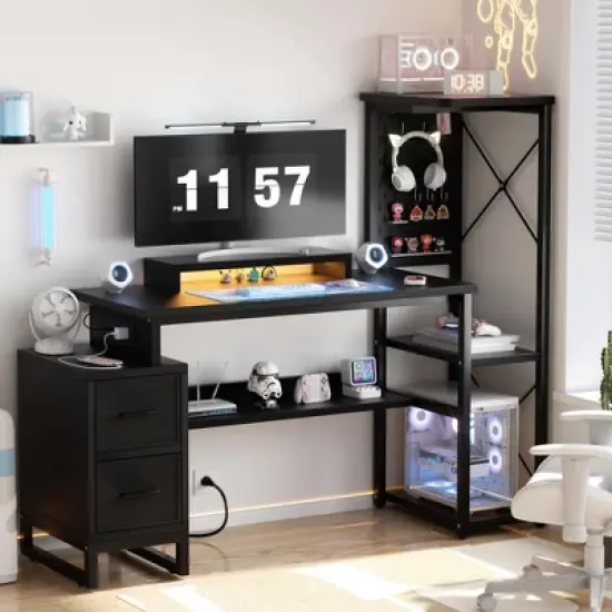 Ahealpus Computer Desk with Power Outlets and Fabric Drawers image {5}