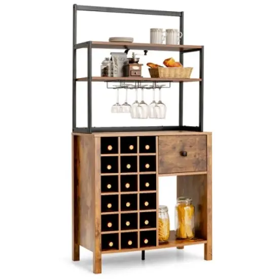 Costway Kitchen Islands Freestanding Wine Rack Table w/ Glass Holder & Drawer Black / Rustic image {10}