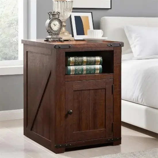 Nightstand with Charging Station, 20" Farmhouse End Table w/Groove Barn Door & Adjustable Shlef for Bedroom image {7}