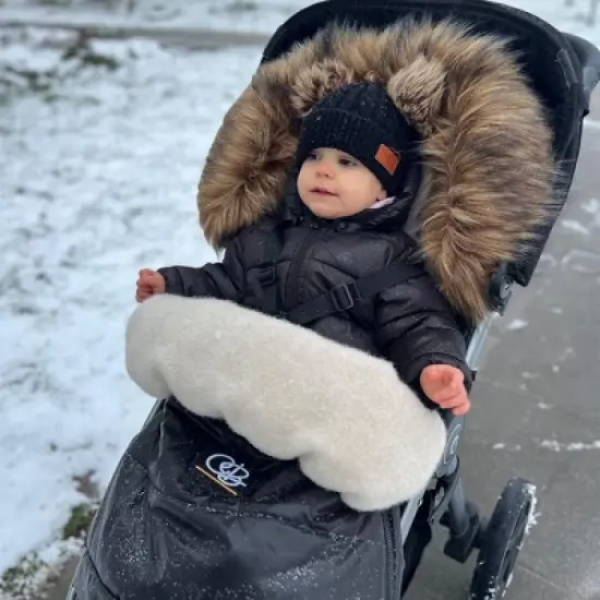 Cover Baby 0-3 Years Organic Premium Beige Wool Adjustable Footmuff in Satin Black image {10}