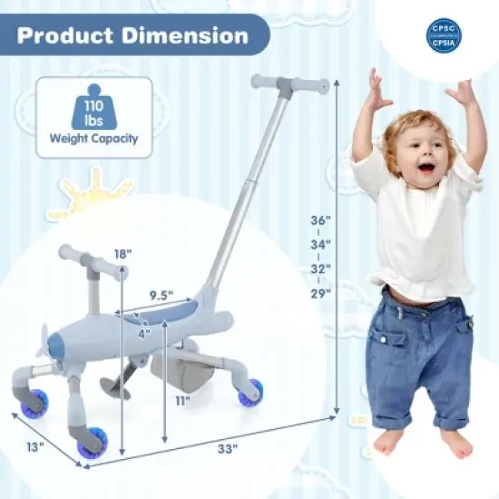 Costway 2-in-1 Kids Ride-on Push Car with LED Lighted Wheels Removable & Adjustable Handle Pink/Blue image {2}