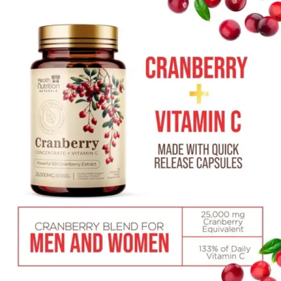 Cranberry Supplement Pills + Vitamin C - Made with 25,000mg Cranberry Concentrate Whole Fruit Extract to Help Cleanse & Support - 60 Capsules image {5}