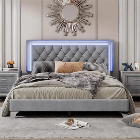 Queen Size Velvet Upholstered Platform Bed Frame with LED Lights and Tufted Headboard-ModernLuxe image {1}