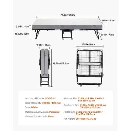 VEVOR Rollaway Bed, 31 in x 75 in Folding Bed with 4 in Mattress, Twin Size Foldable Bed with Sturdy Metal Frame & Memory Foam Mattress image {7}