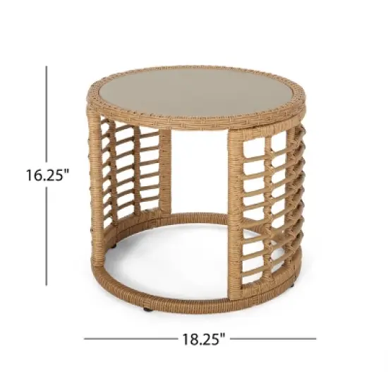 Boho Rattan Side Table with Tempered Glass Top,Round Accent Table for Living Room,Entryway or Sofa-Maison Boucle image {3}