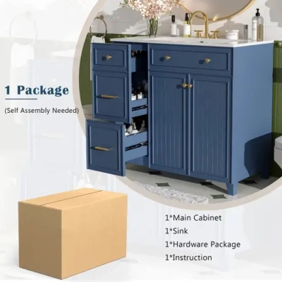 36" Modern Bathroom Vanity with Ceramic Sink, Soft Close Doors, Double-Layer Drawers & Adjustable Shelves - ModernLuxe image {6}