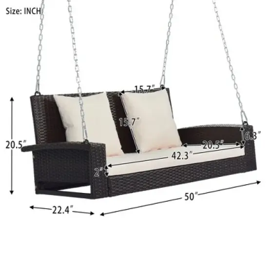FIONECA 2-Person Wicker Hanging Porch Swing with Cushion & Pillow, Outdoor Rattan Swing Bench with Chains for Garden, Backyard, Pond (Brown/Beige) image {7}