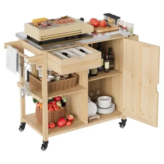 TROPOW Solid Wood Outdoor Grill Cart &uml;C Stainless Steel Top with Spice Rack & Wheels for Patio/Garden (Natural Wood Color) image {6}