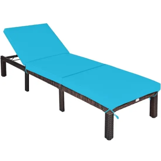 Tangkula Outdoor Rattan Chaise Lounge Chair Adjustable Backrest Recliner with Turquoise Cushions image {5}