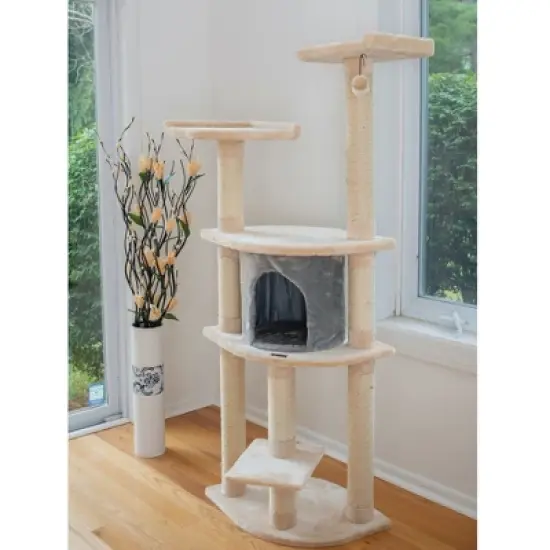 Armarkat 64" Real Wood Cat Tree With Scractch Sisal Post, Soft-side Playhouse,  A6401, Almond image {6}